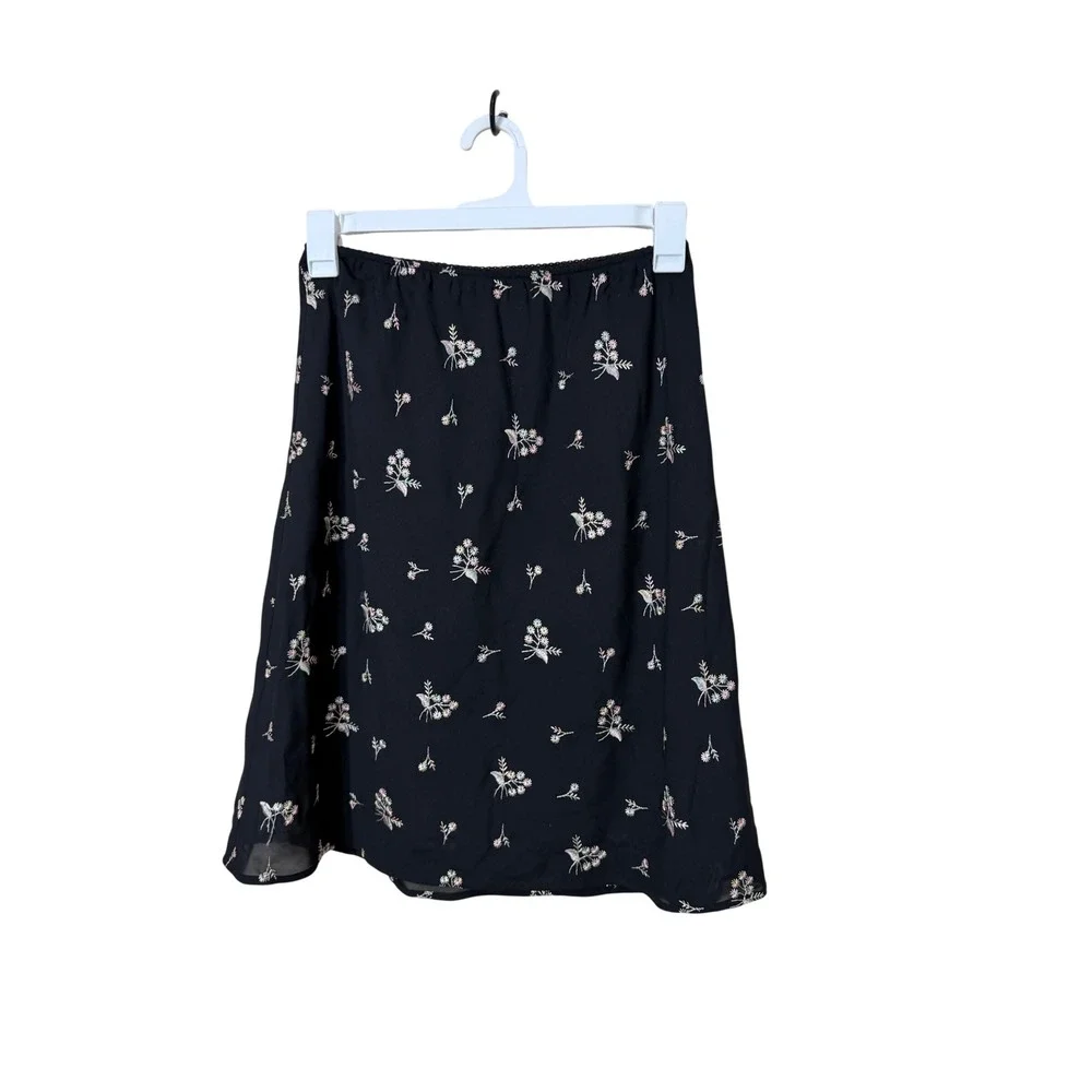The Great American Sportswear‎ Co Floral Embroidered Black Midi Skirt L Vintage